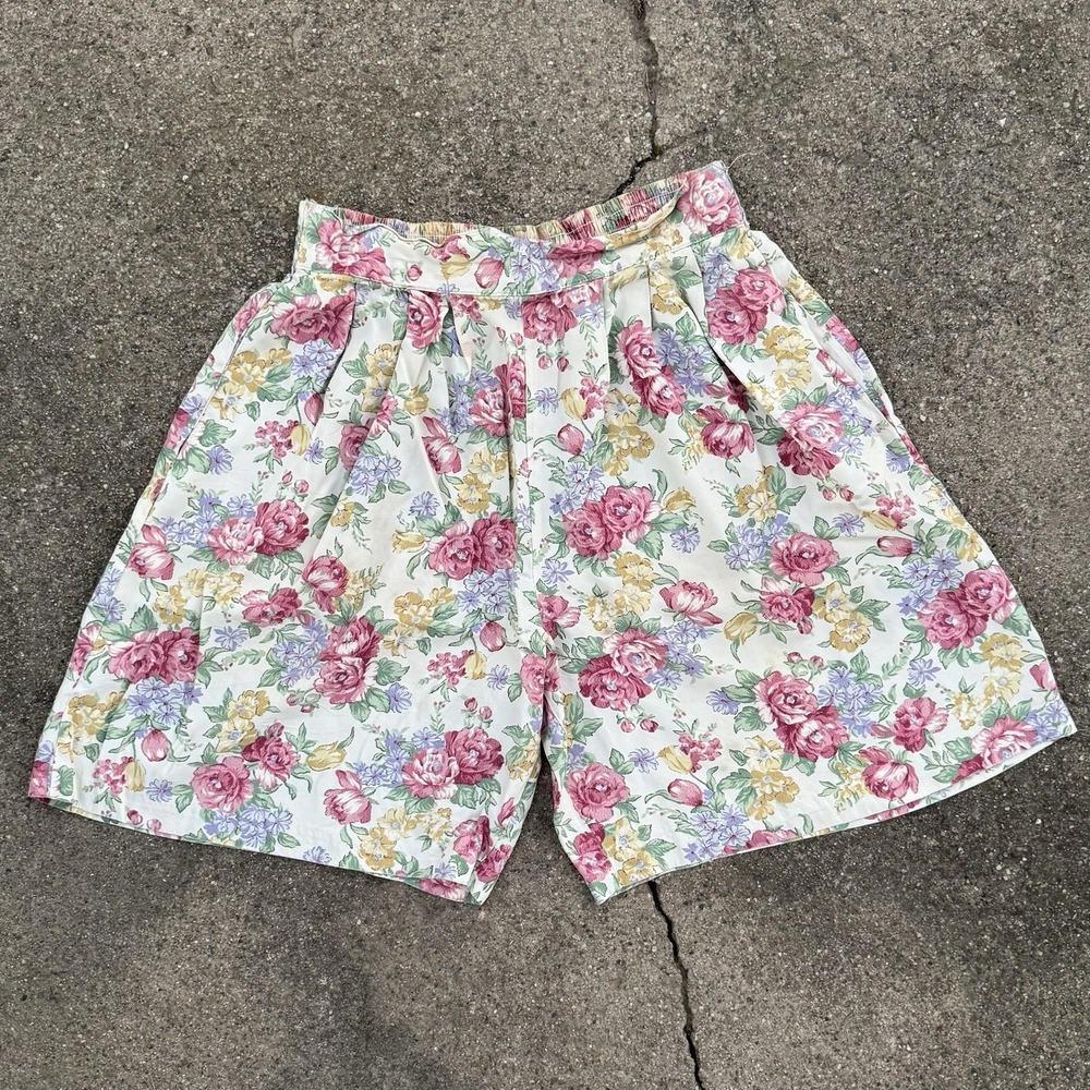 Vintage‎ 90s Michael K & Company White Pink Floral Pull-On High Rise Shorts S